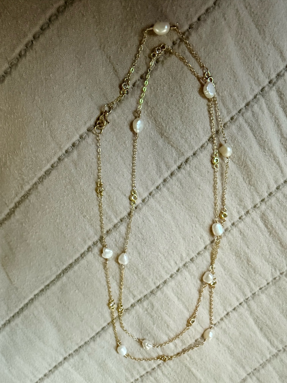 Gold Freshwater Pearl and Crystal Long Necklace